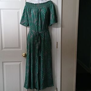 Oddy green gray off the shoulder fern printed wide leg belted jumpsuit  Sz 2XL